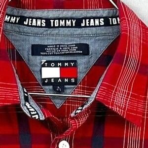 Tommy Jeans Hilfiger Mens L Red Plaid Long Sleeve Button Up Shirt Tommy Hilfiger